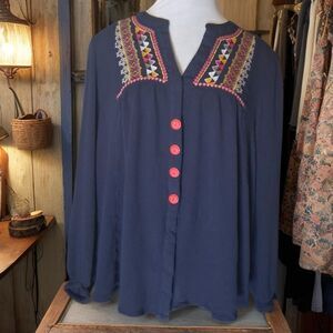 Y2K Boho Caffe'Marrahcah Top, Size 2X, Embroidered, Button Up,Hippi
